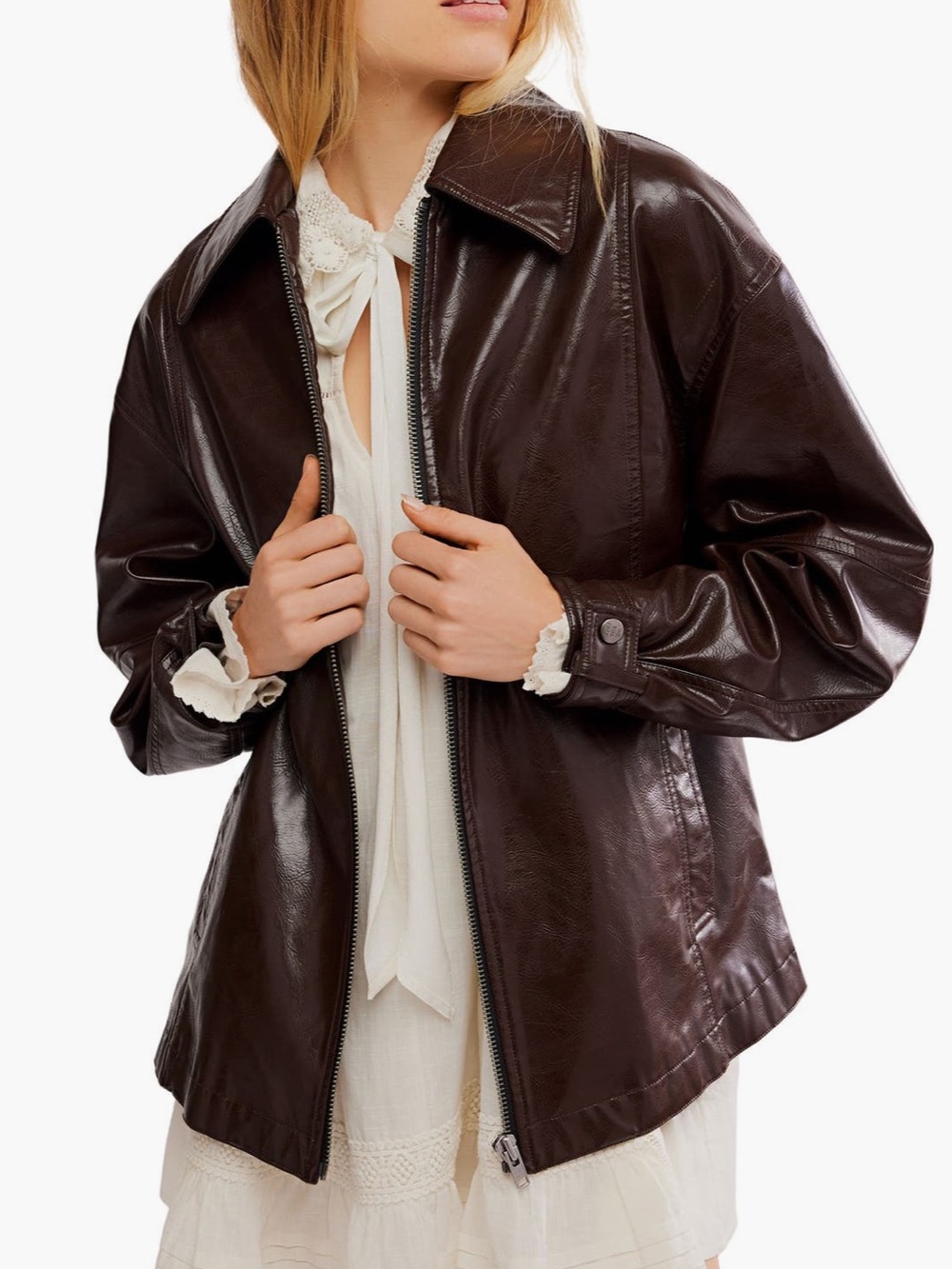 Free People Sloane Dark Brown Faux Leather Zip-Front Oversized Jacket Small NWT